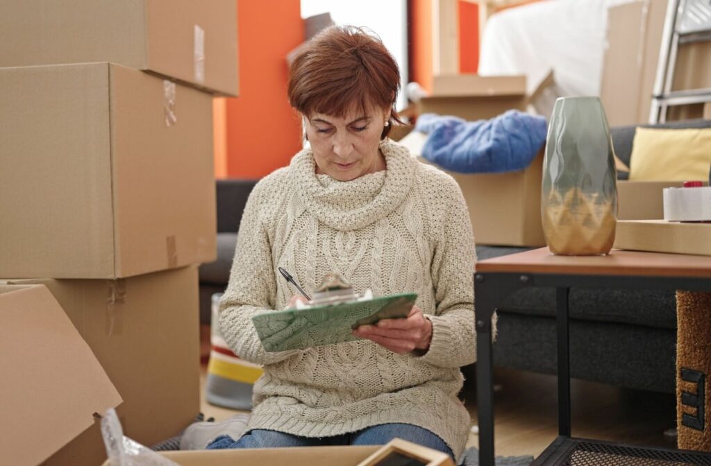 A senior surrounded by moving boxes sits on the floor with a checklist, making sure everything is accounted for