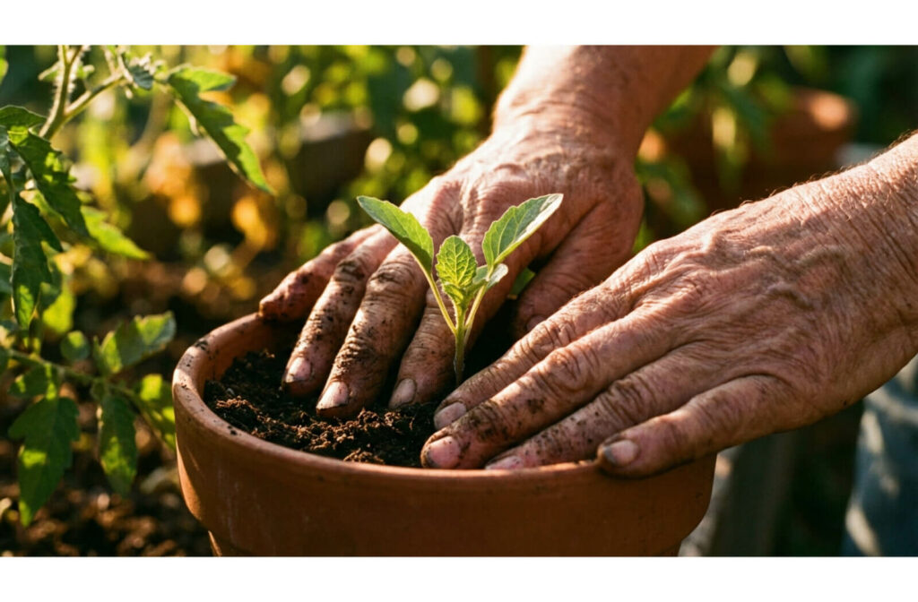 Close-up of an older person's hands planting a seedling in a clay pot, illuminated by warm sunlight.