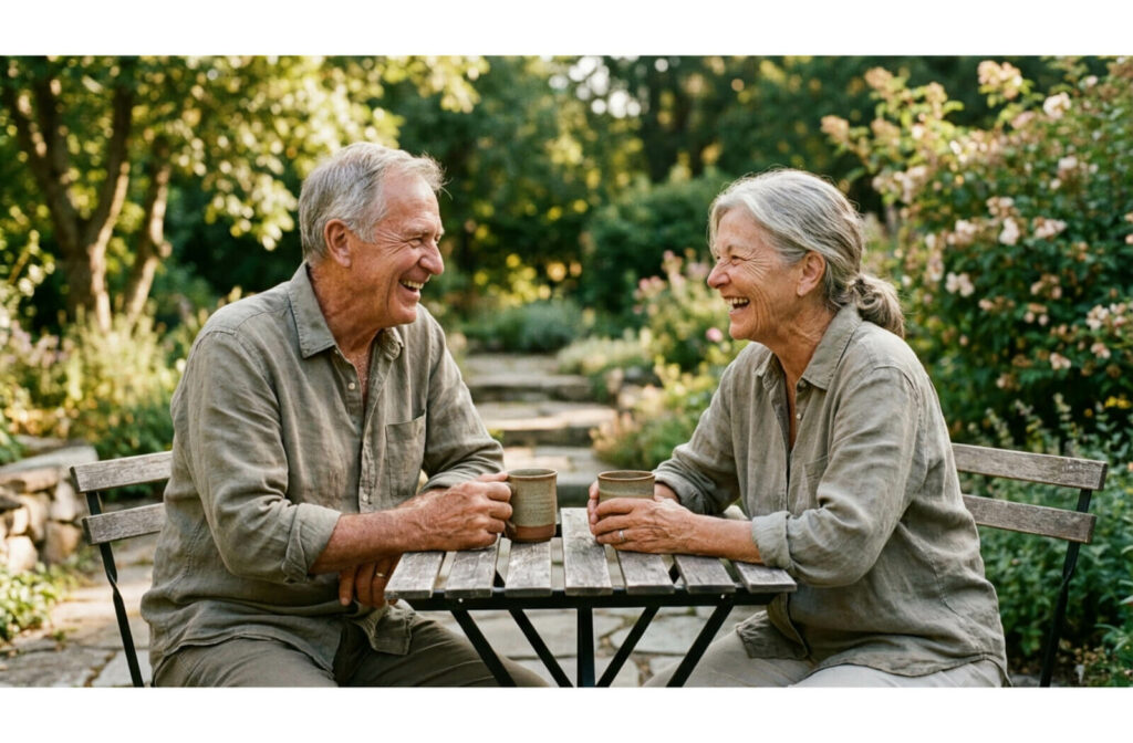 Two smiling older adults drinking coffee at an outdoor table with a blurred garden background.