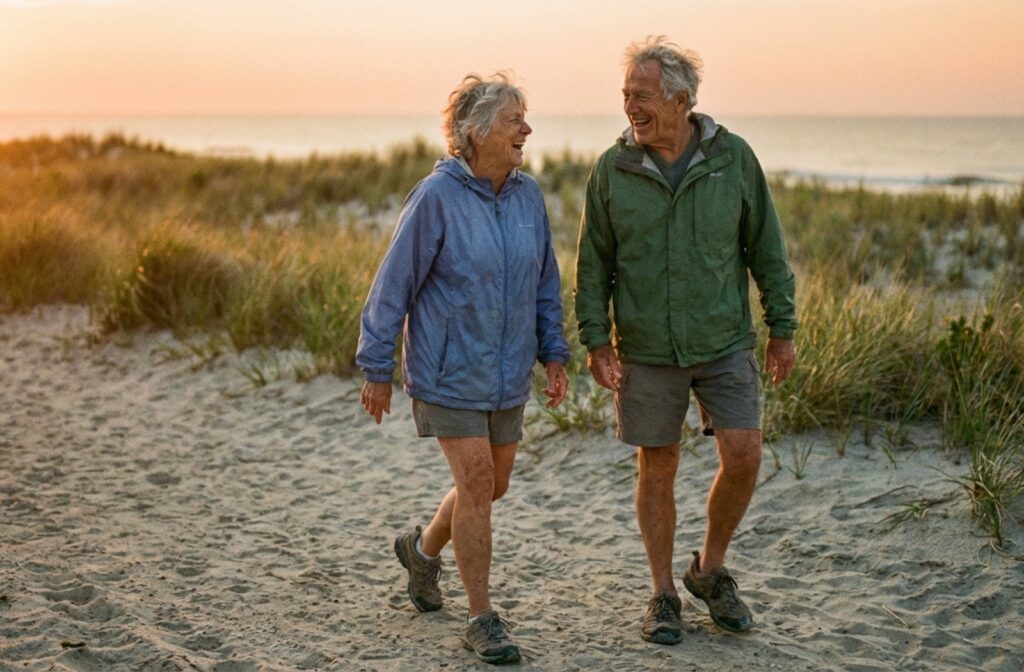 Two older adults laughing while walking briskly on a path near coastal dunes, wearing casual jackets and sneakers under natural sunlight.