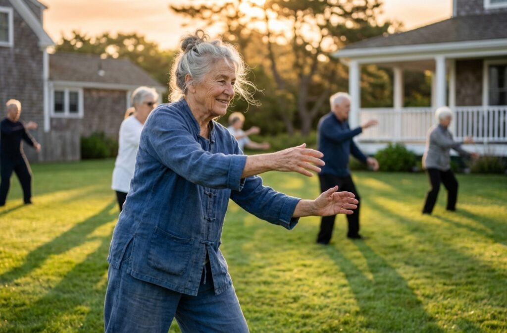 Group of smiling older adults practicing Tai Chi exercises on a sunny grass lawn near a building.