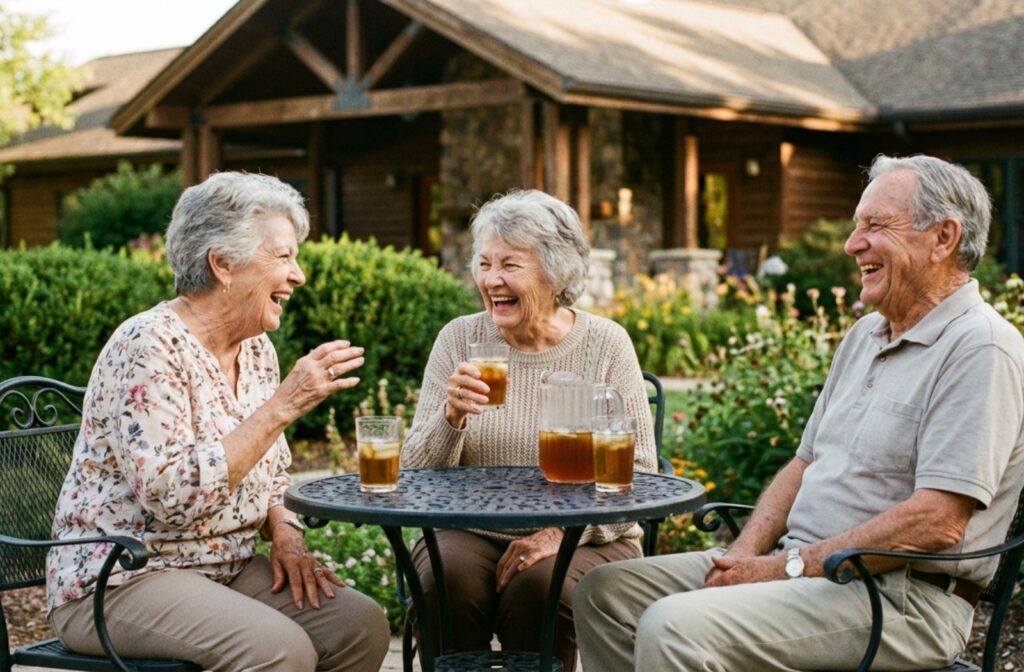 Three older adults sitting on a sunny patio, laughing and talking while enjoying drinks.